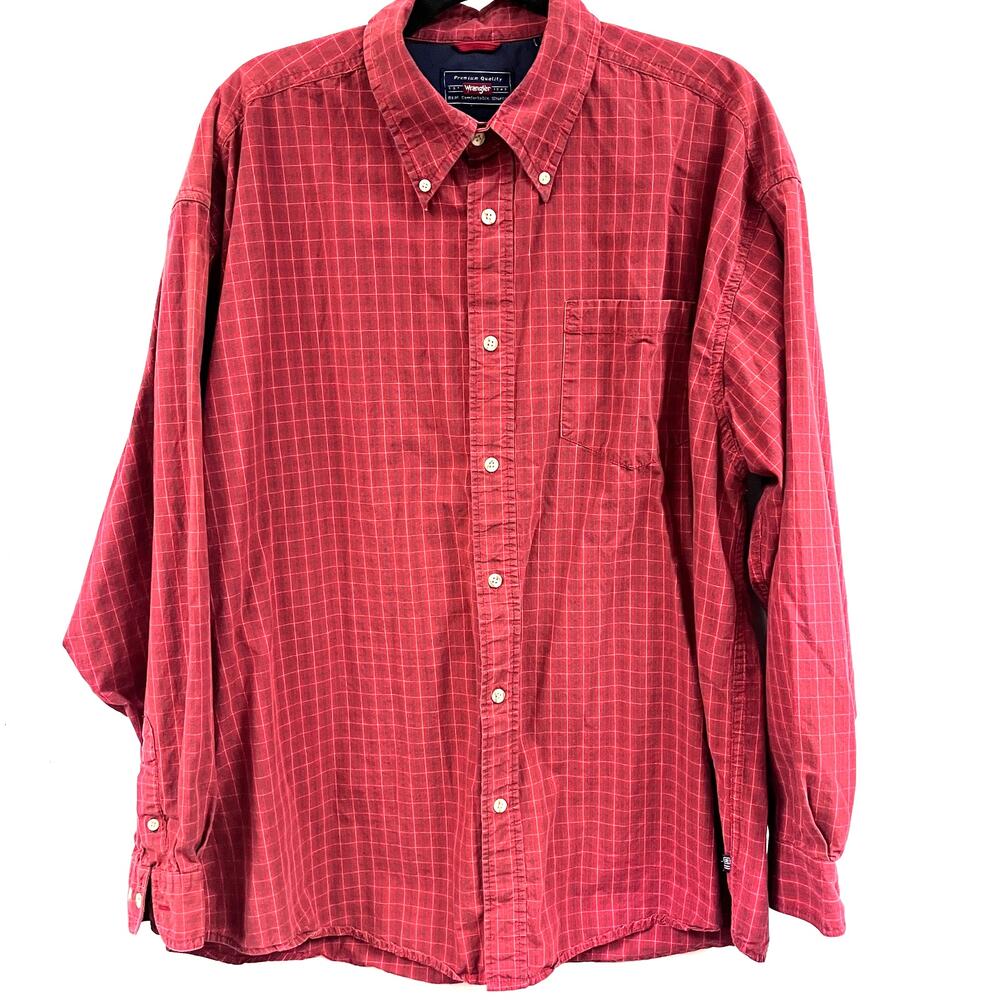 Men's Wrangler red plaid long sleeve button down shirt 100% cotton XL